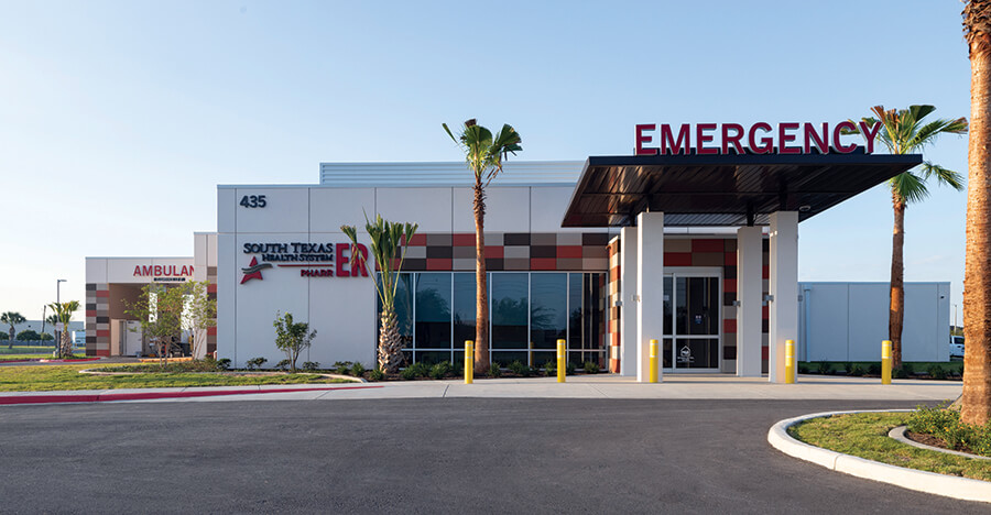 Outside front image of new ER Pharr building on a cloudless day.